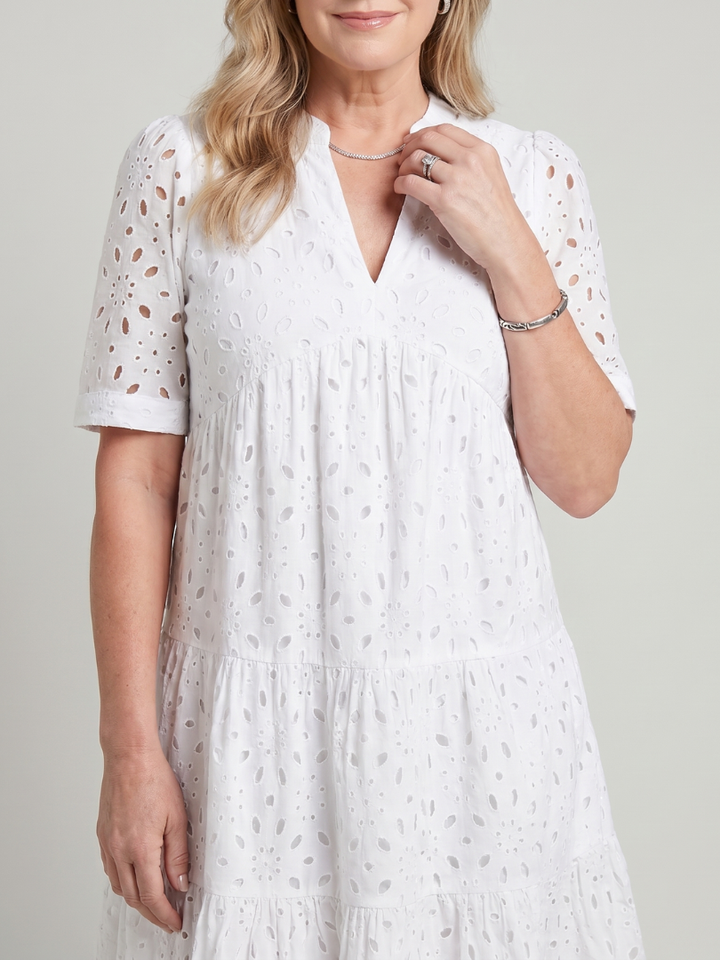 Nicolette | Short Sleeve Eyelet Detail Knee Length Dress