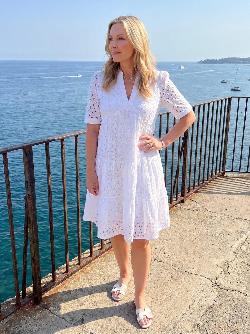 Nicolette | Short Sleeve Eyelet Detail Knee Length Dress