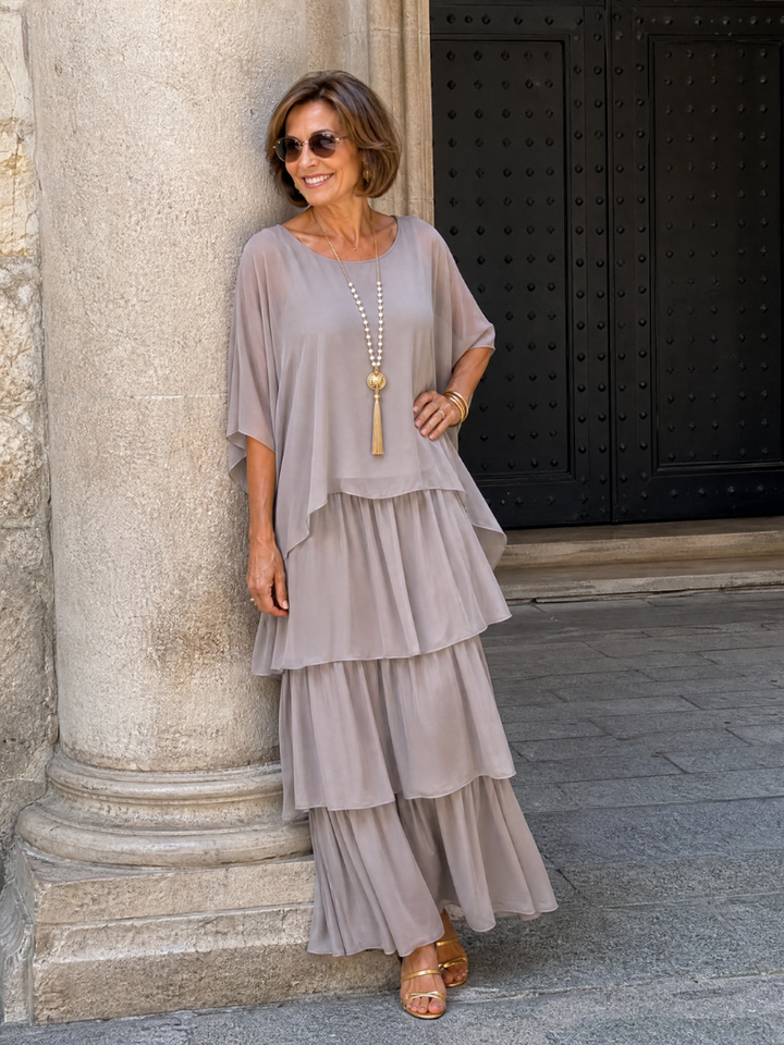 Arianwen | Layered Chiffon Round Neck Midi Dress