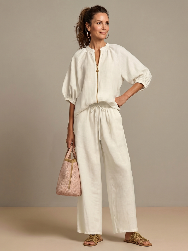 Natalia | Zip Front Blouson Top Wide Leg Set