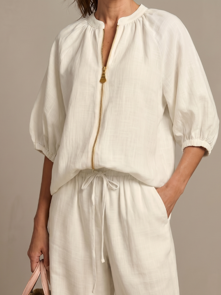 Natalia | Zip Front Blouson Top Wide Leg Set