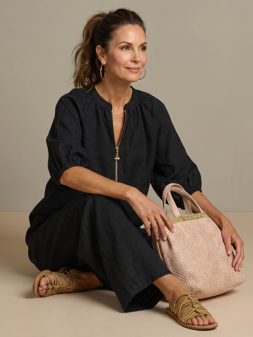 Natalia | Zip Front Blouson Top Wide Leg Set