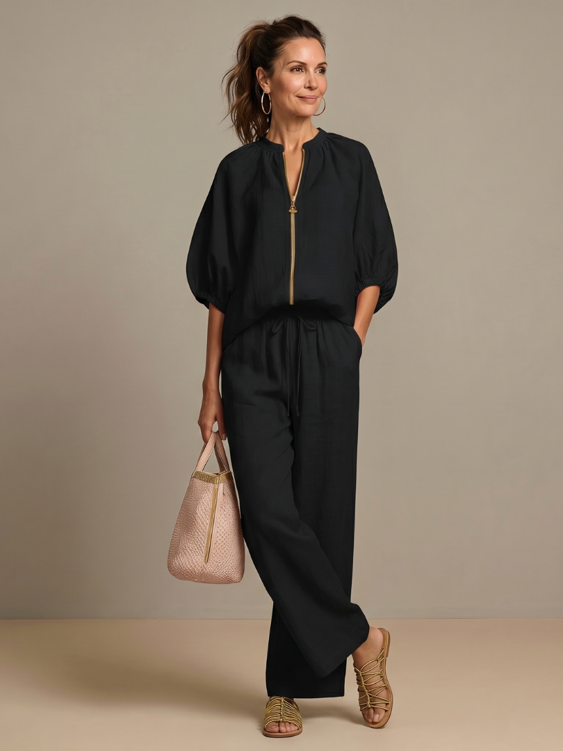 Natalia | Zip Front Blouson Top Wide Leg Set