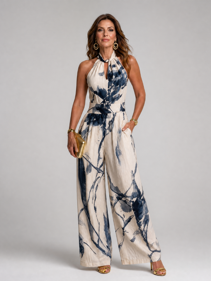 Xylene | Printed Halter Wide Leg Jumpsuit