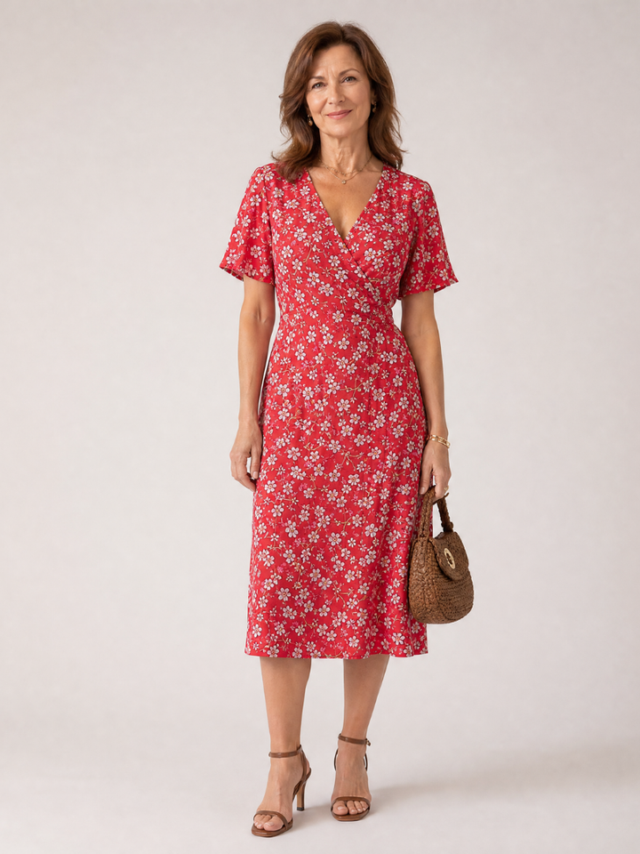 Amelia | Floral V Neck Short Sleeve Midi Dress