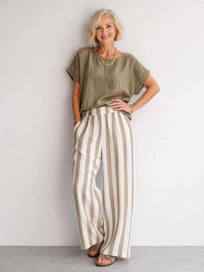 Anna | Relaxed Top And Striped Wide Leg Pants Set
