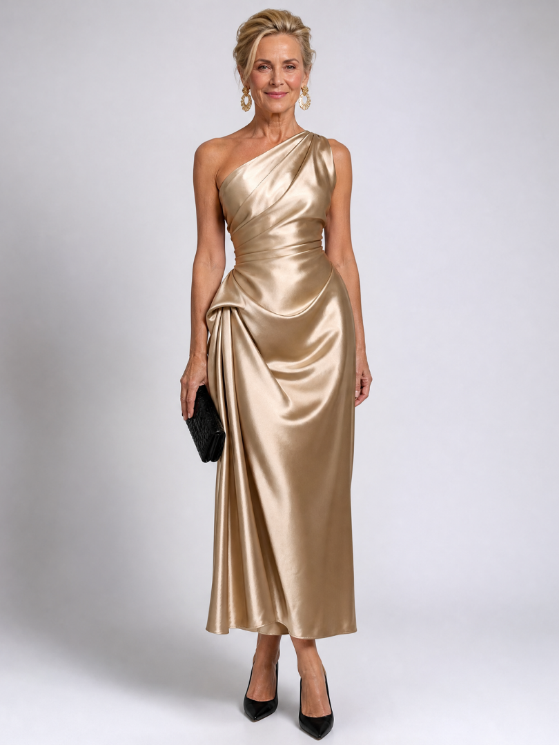 Zeima | One Shoulder Draped Satin Midi Dress