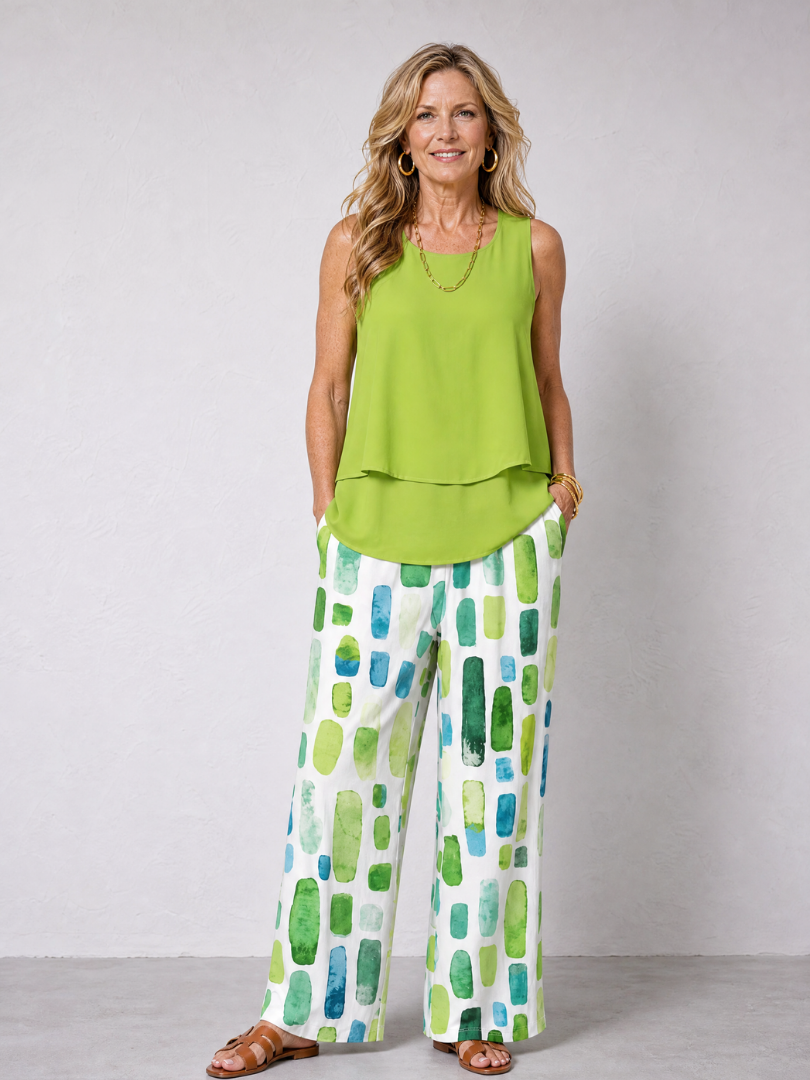 Hannah | Layered Tank Top And Printed Wide Leg Pants Set