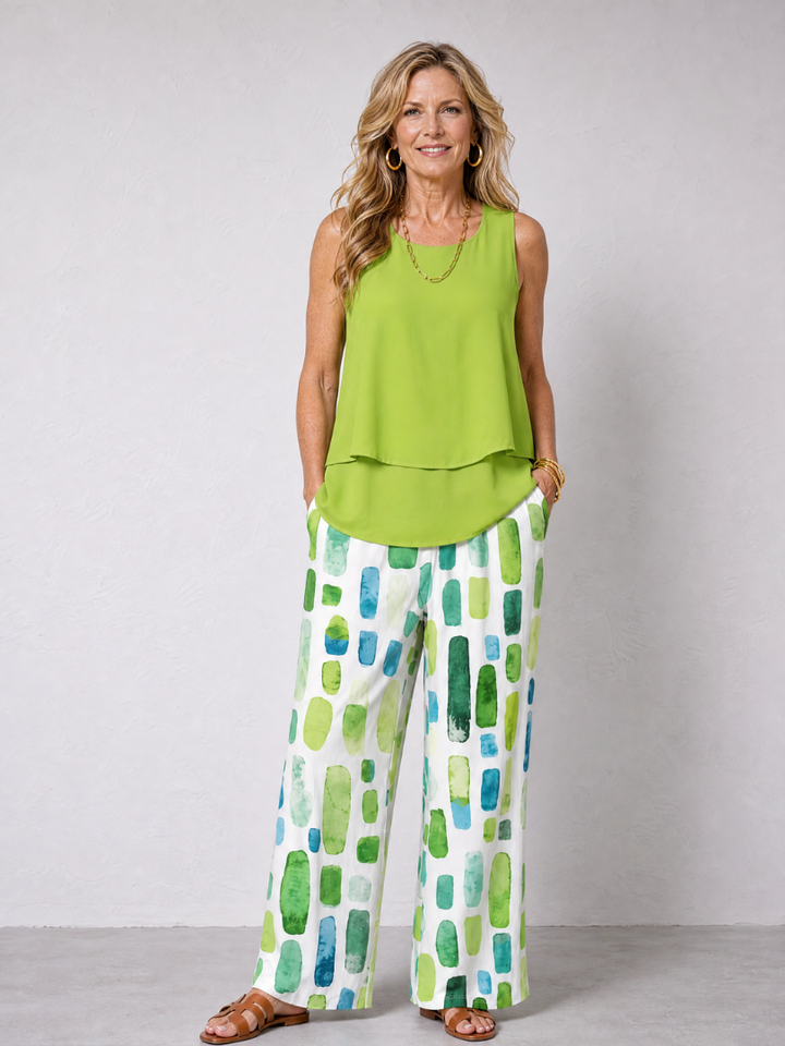 Hannah | Layered Tank Top And Printed Wide Leg Pants Set
