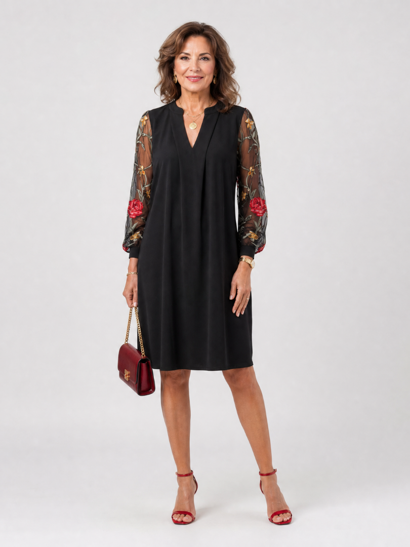 Zamen | Embroidered Mesh Sleeve Mini Dress