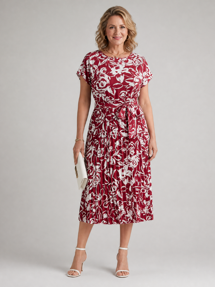 Hazel | Floral Pleated Waist Tie Midi Dress