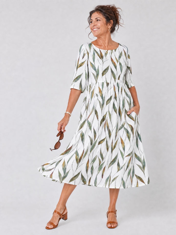 Patricia | Leaf Print Pocket Midi Dress
