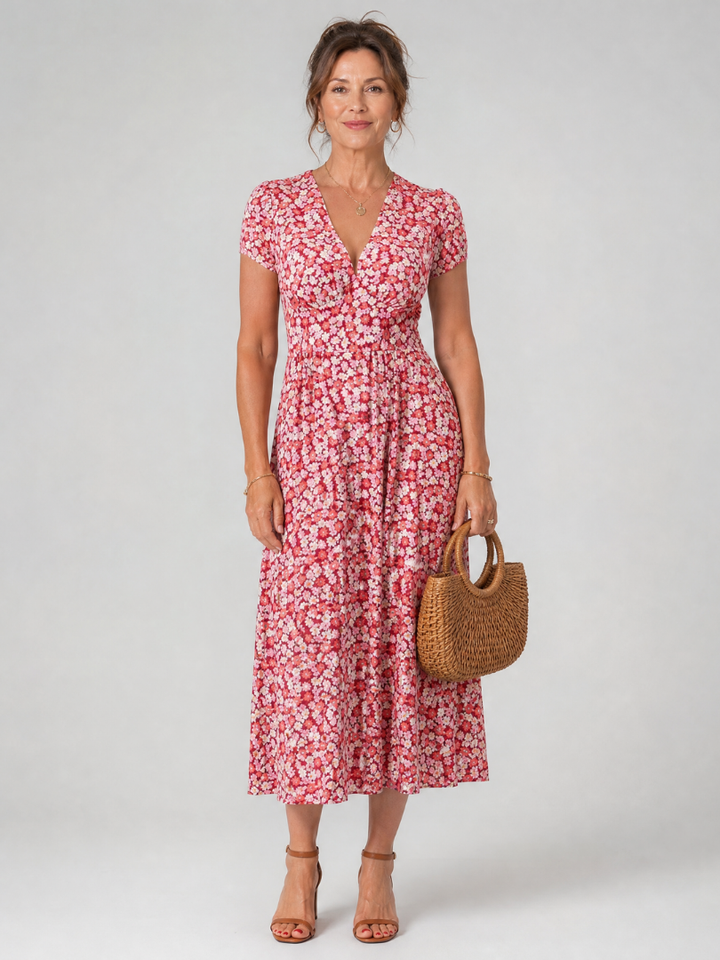 Bailey | Floral V Neck Short Sleeve Midi Dress