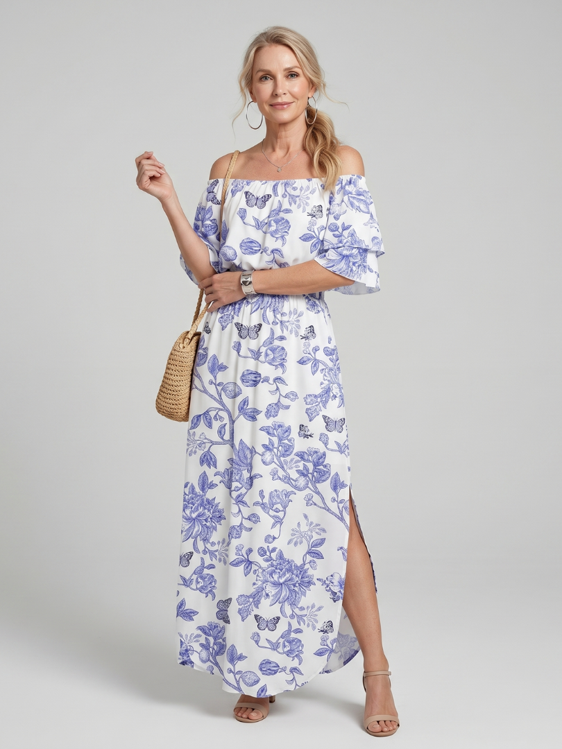 Elowira | Off Shoulder Soft Floral Print Midi Dress