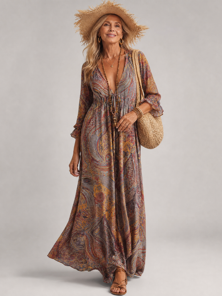 Romane | Paisley V Neck Midi Dress
