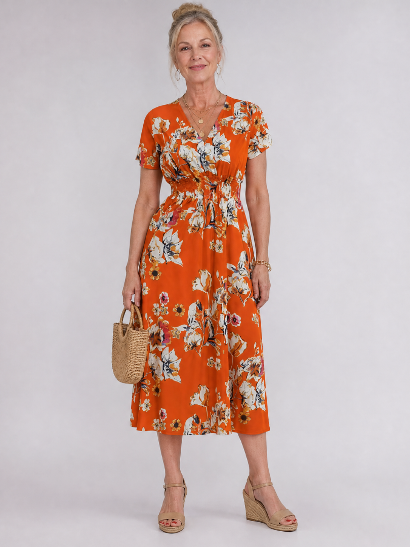 Iris | Floral V Neck Short Sleeve Midi Dress