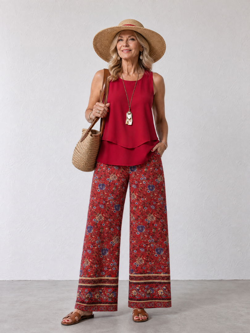 Adeline | Layered Tank Top And Floral Wide Leg Pants Set