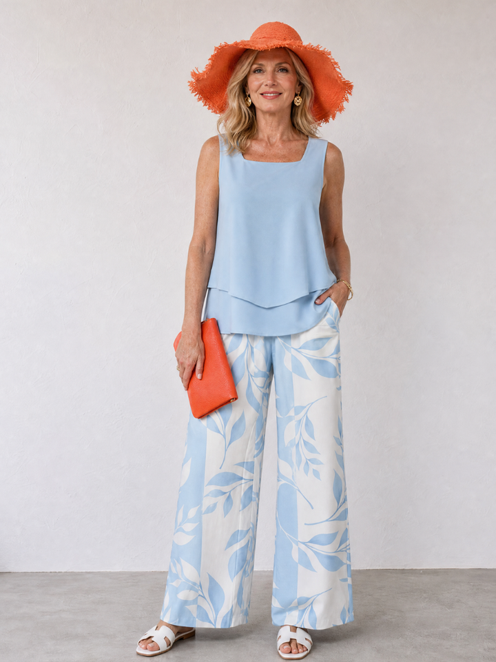 Quinton | Layered Tank Top And Leaf Print Wide Leg Pants Set