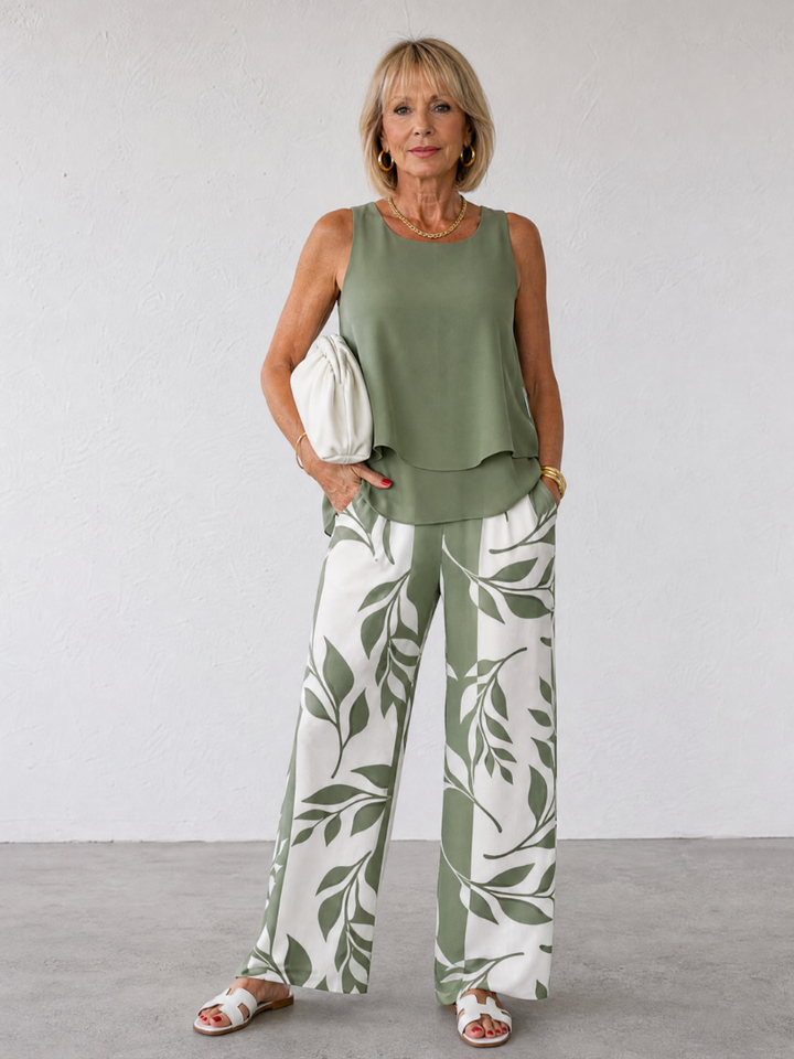 Piper | Layered Tank Top And Leaf Print Pants Set