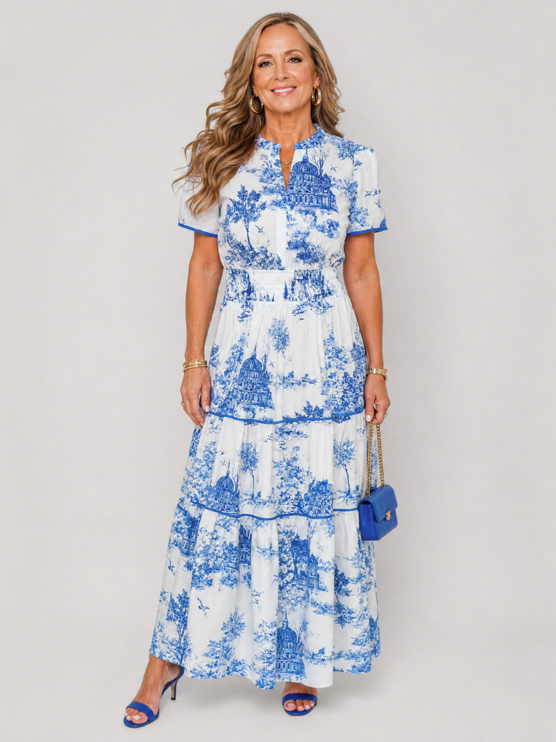 Seraphine | Printed Short Sleeve Tiered Midi Dress
