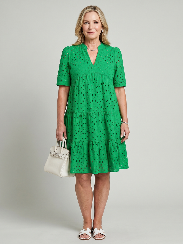 Nicolette | Short Sleeve Eyelet Detail Knee Length Dress
