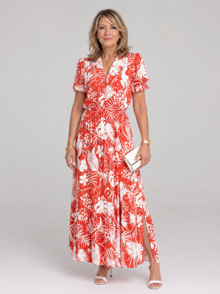 Charlotte | Floral V Neck Short Sleeve Midi Dress