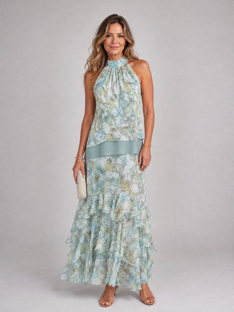 Lilou | Watercolor Halter Neck Tiered Midi Dress