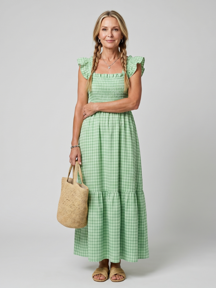 Verity | Sleeveless Square Neck Gingham Pattern Midi Dress