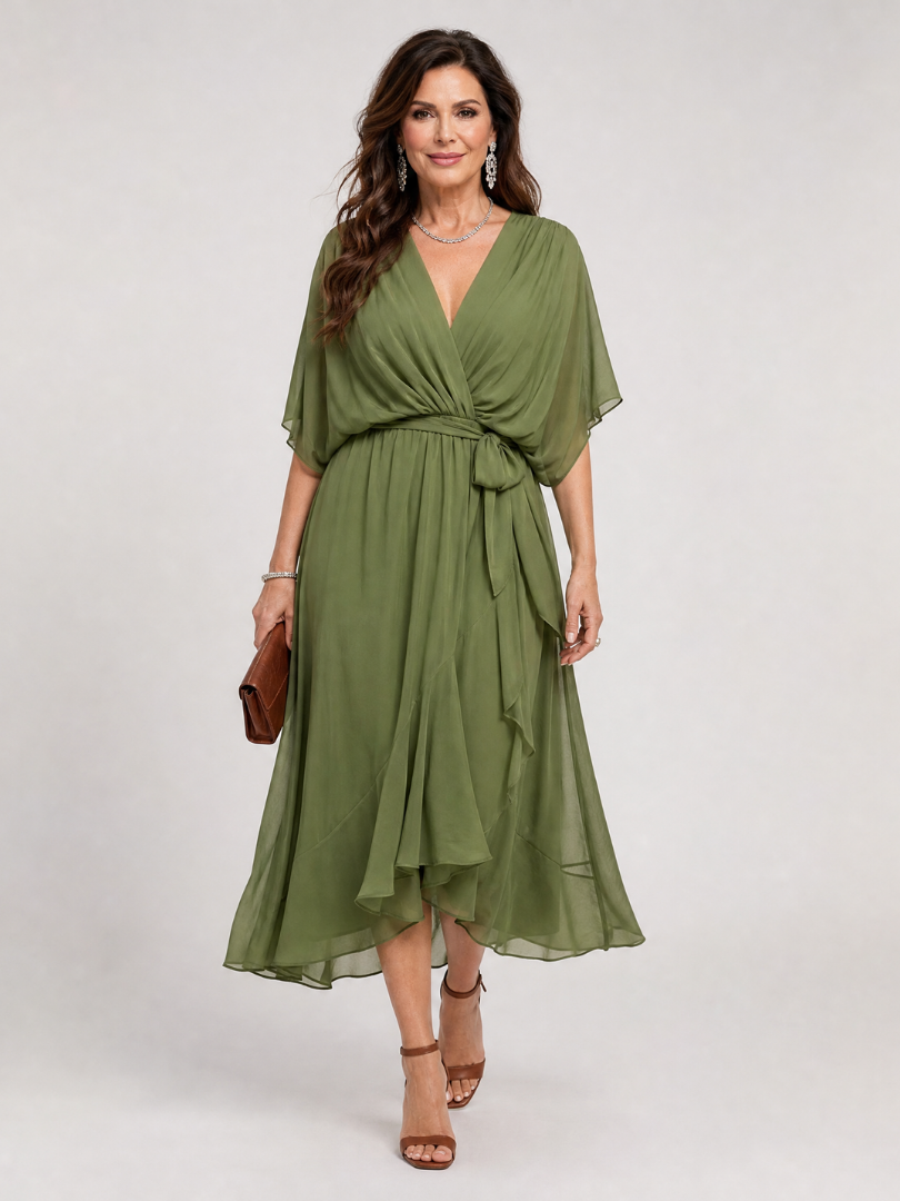 Maristella | Draped V Neck Tie Waist Midi Dress