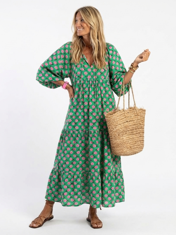 Fiora | Floral Print V Neck Tiered Midi Dress