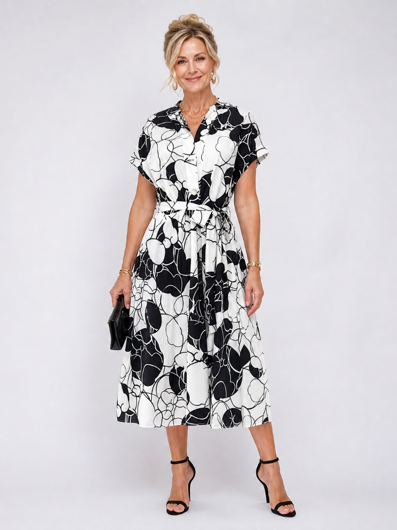 Sydney | Printed V Neck Waist Tie Midi Dress