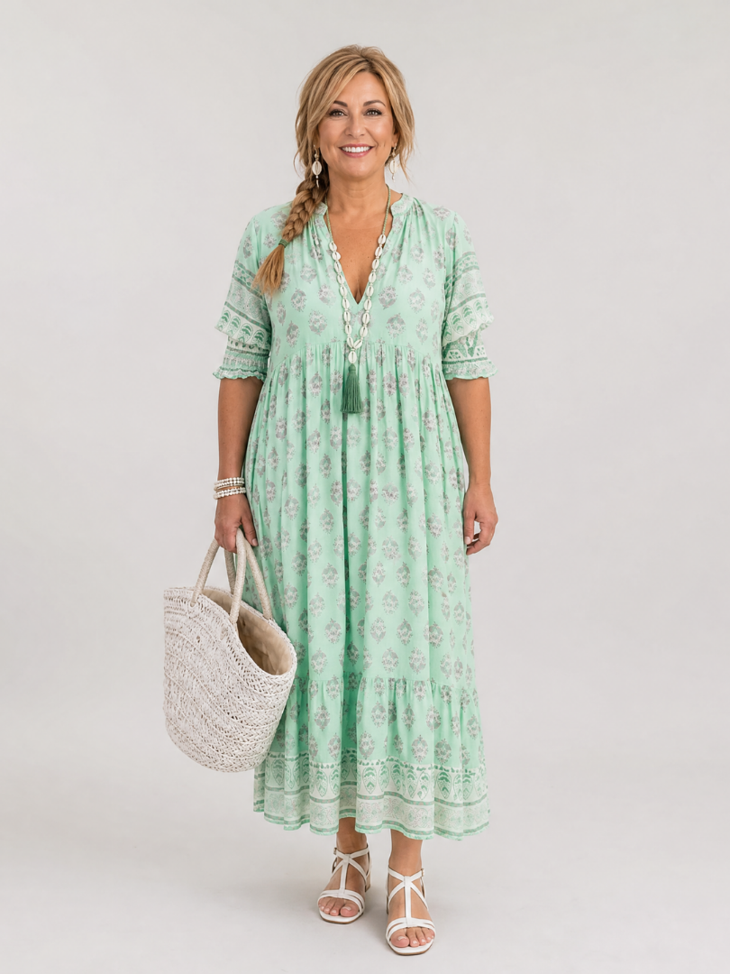Youma | Printed V Neck Tiered Midi Dress