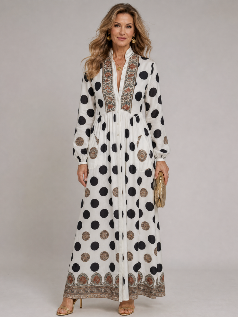 Mujen | Polka Dot Embroidered V Neck Midi Dress