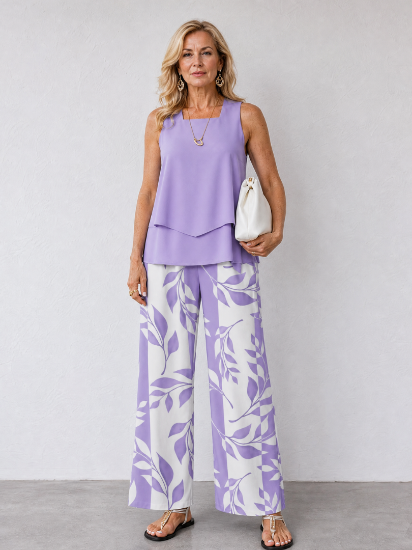 Reagan | Layered Tank Top And Leaf Print Pants Set