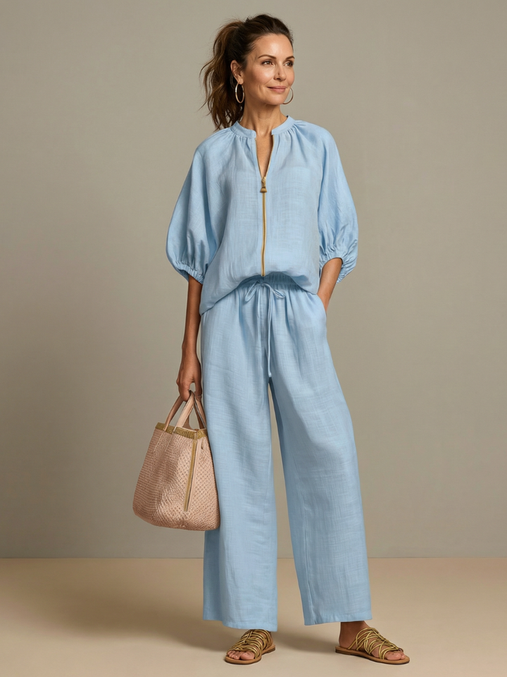 Natalia | Zip Front Blouson Top Wide Leg Set