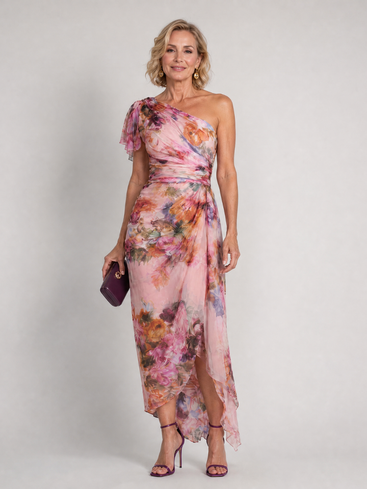 Apolo | One Shoulder Floral Draped Midi Dress