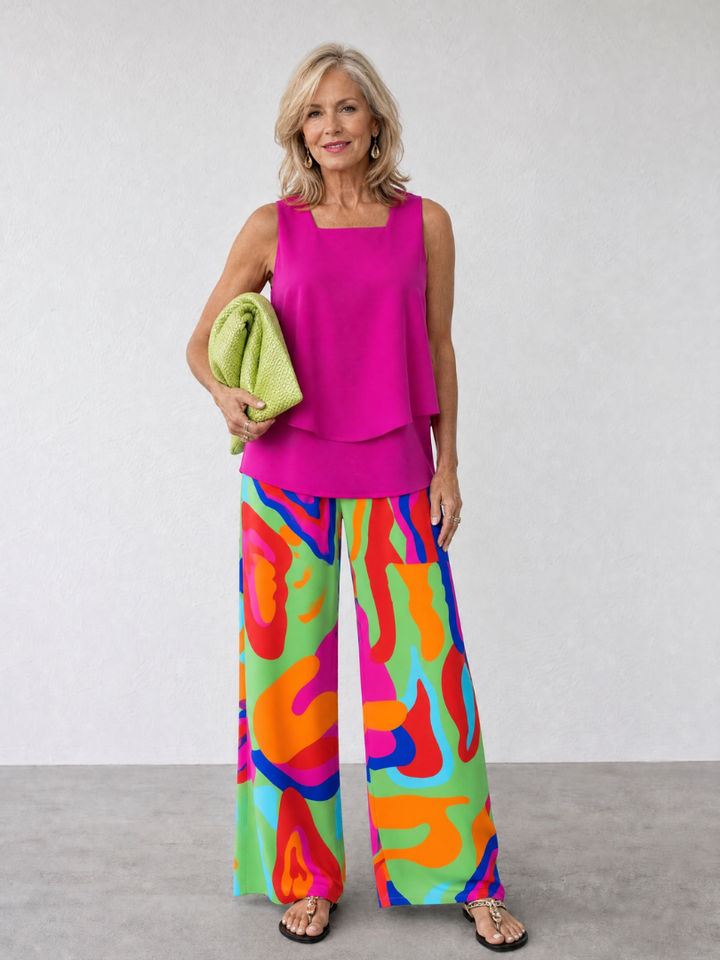Skylar | Layered Tank Top And Abstract Wide Leg Pants Set