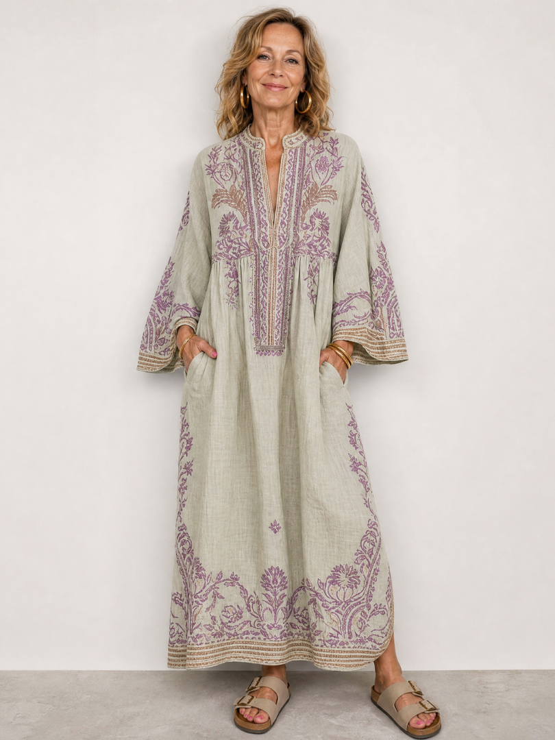 Brenda | Embroidered Three Quarter Sleeve Midi Dress