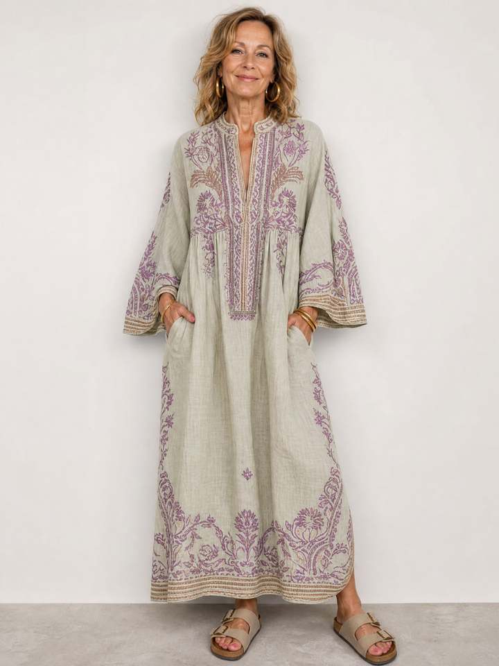 Brenda | Embroidered Three Quarter Sleeve Midi Dress