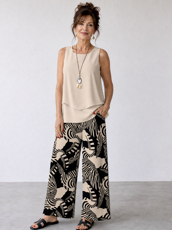 Catalina | Layered Tank Top And Abstract Wide Leg Pants Set