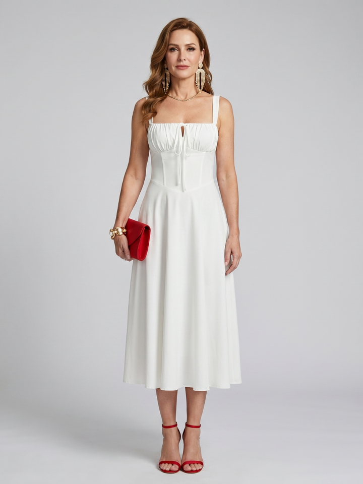 Zenobia | Spaghetti Strap Ruched Bodice Midi Dress