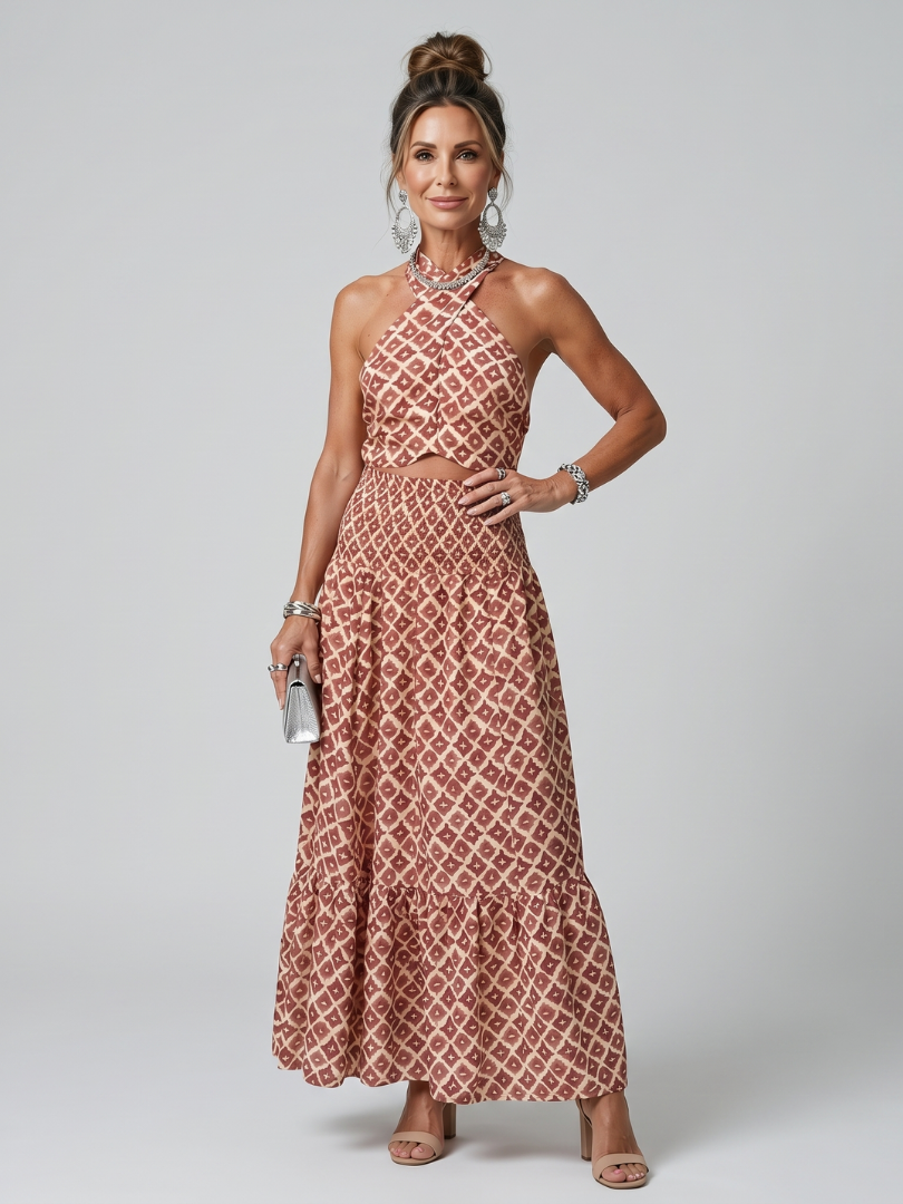 Amira | Cross Halter Geometric Print Cutout Midi Dress  Julia & Anne Dress  Co.