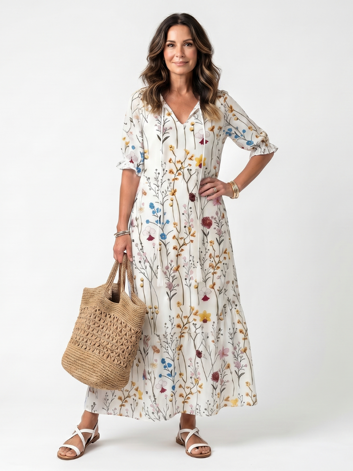 Sylvie | Botanical Print Tassel Tie Midi Dress