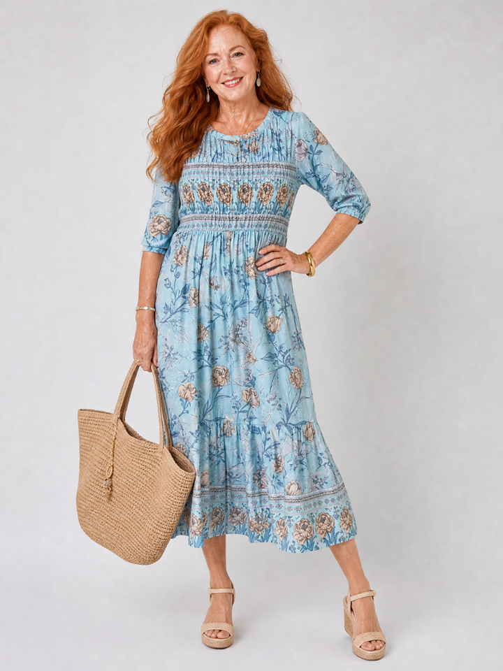 Cindy | Floral Three Quarter Sleeve Midi Dress