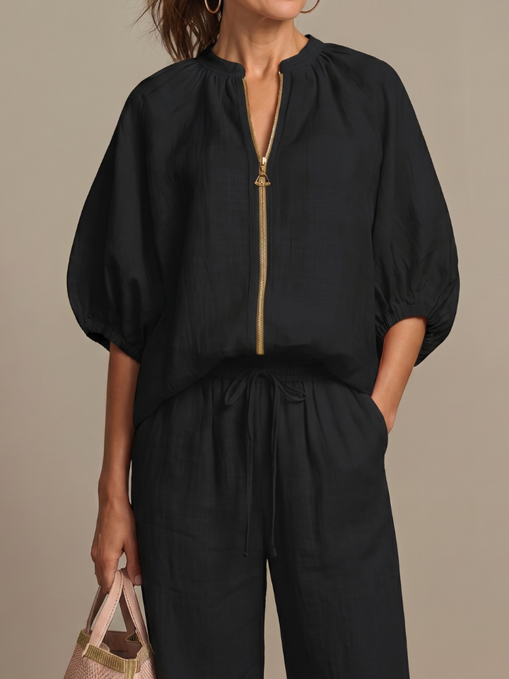 Natalia | Zip Front Blouson Top Wide Leg Set