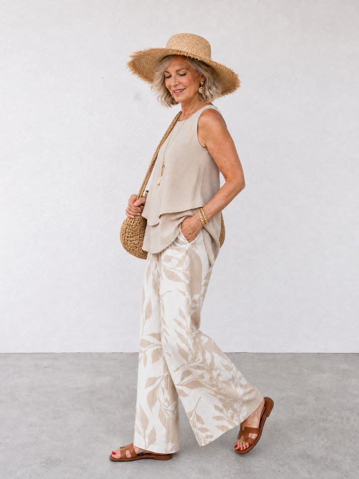 Scarlett | Layered Tank Top And Leaf Print Pants Set