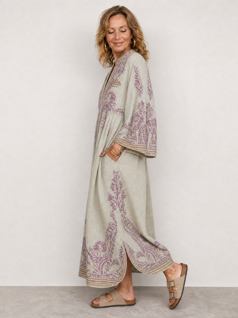 Brenda | Embroidered Three Quarter Sleeve Midi Dress