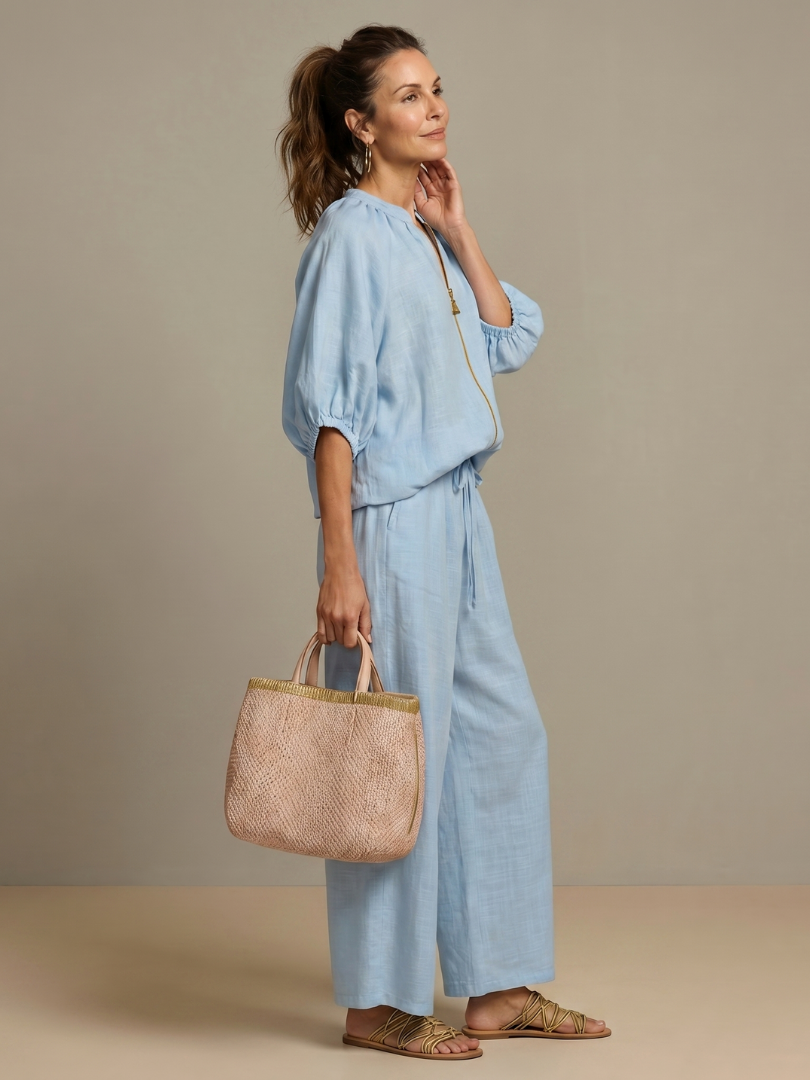 Natalia | Zip Front Blouson Top Wide Leg Set