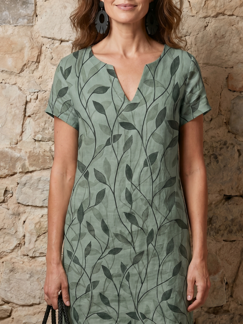 Hanie | Leaf Print V Neck Knee Length Dress
