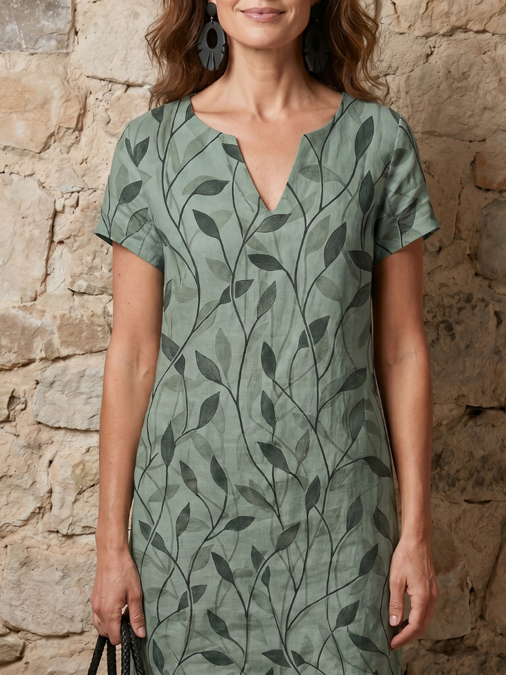 Hanie | Leaf Print V Neck Knee Length Dress